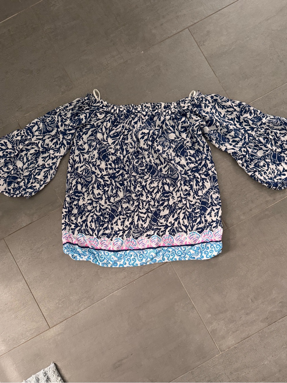 Lilly Pulitzer Navy and White Off-Shoulder Floral Blouse with Border Trim